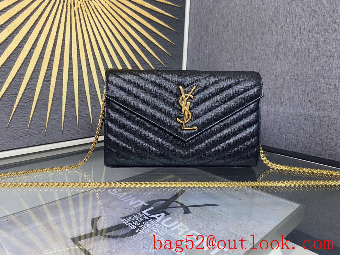 Saint Laurent YSL Monogram Grained Leather Chain Wallet Bag Black Gold Hardware 377828
