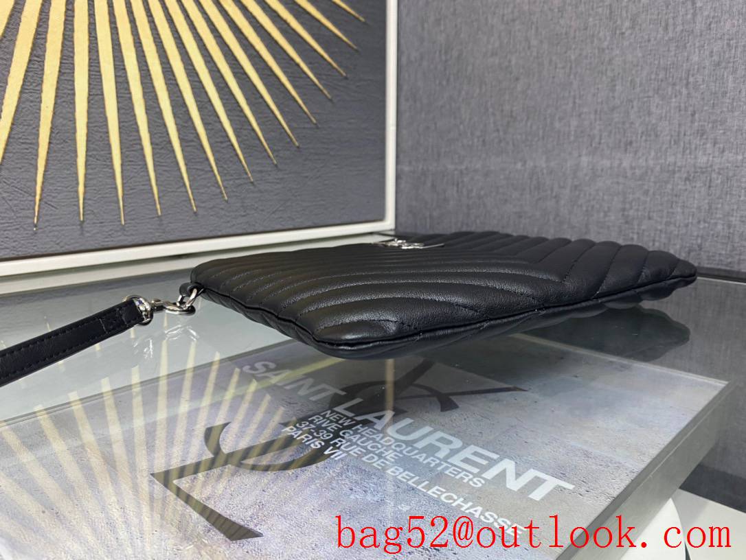 Saint Laurent YSL Monogram Calfskin A5 Pouch Clutch Purse Handbag Black Silver 379039