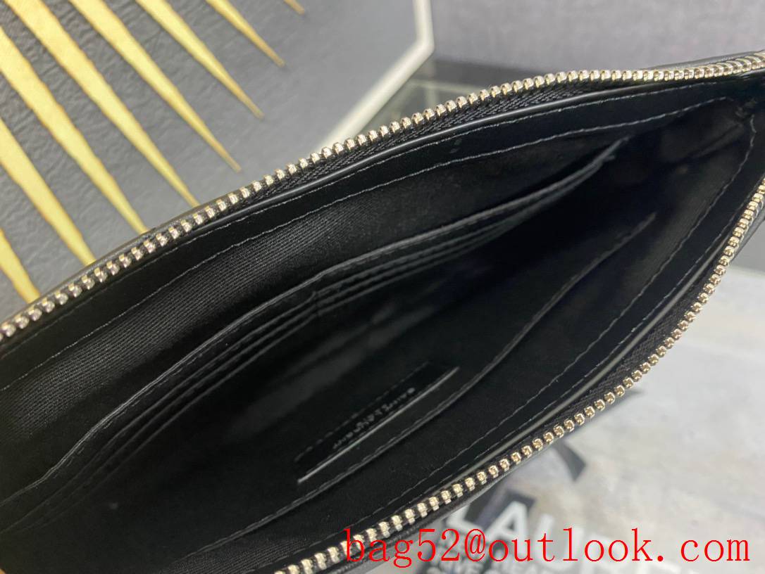 Saint Laurent YSL Monogram Calfskin A5 Pouch Clutch Purse Handbag Black Silver 379039