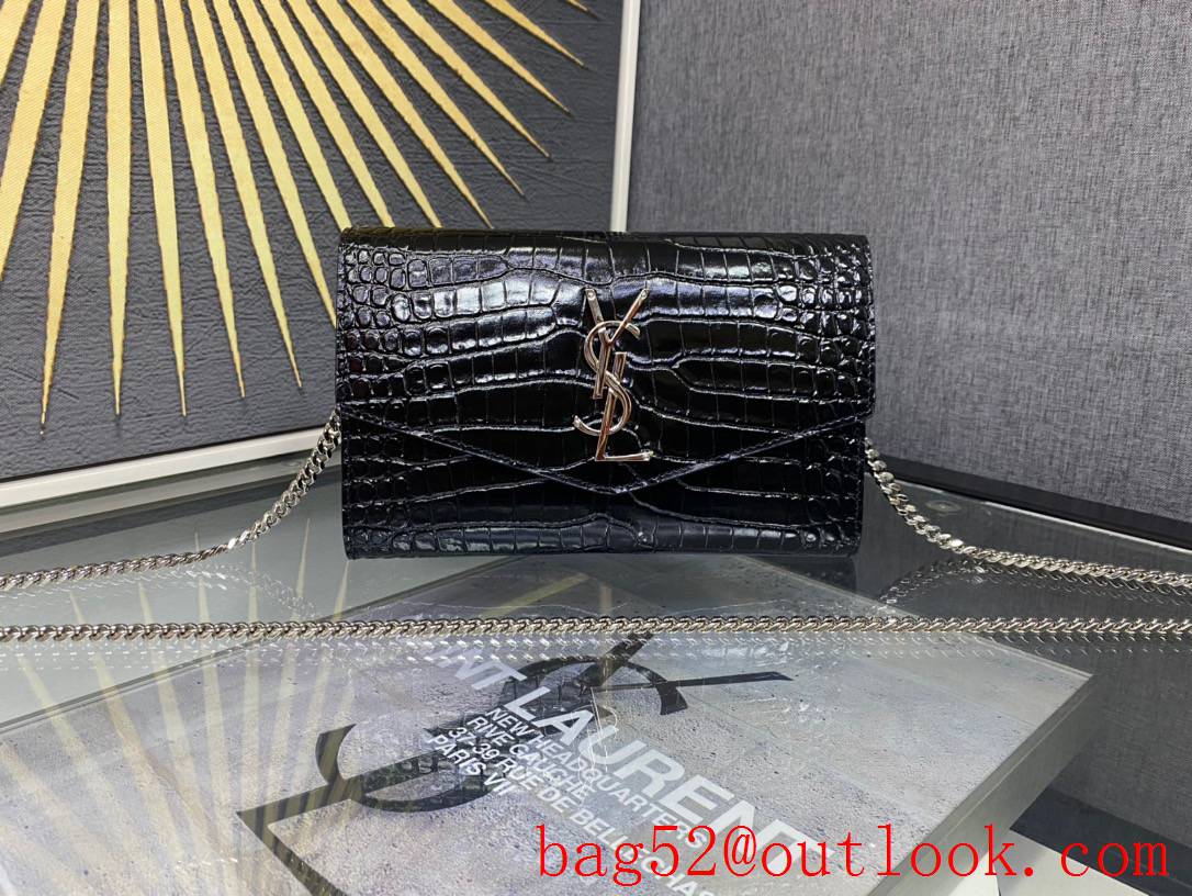Saint Laurent YSL Real Leather Uptown Chain Wallet Bag Black Crocodile 607788