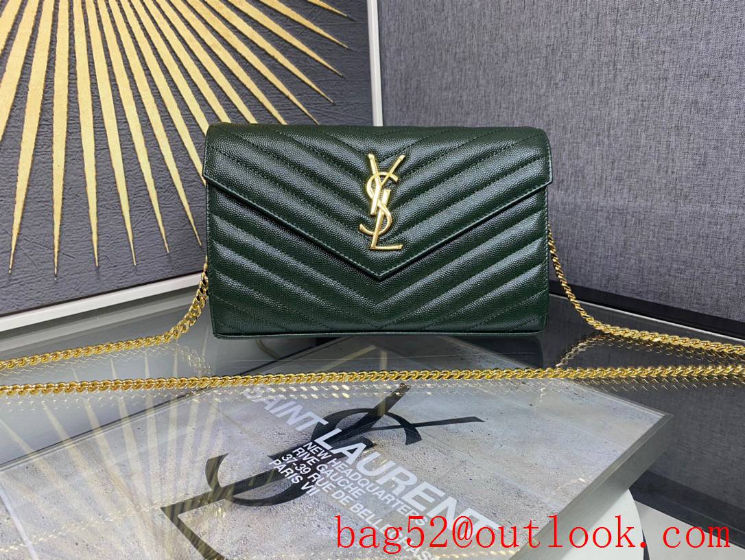Saint Laurent YSL Monogram Grained Leather Chain Wallet Bag Handbag Green 377828