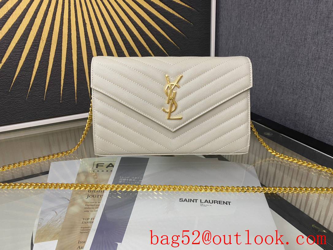 Saint Laurent YSL Monogram Grained Leather Chain Wallet Bag Handbag Cream 377828