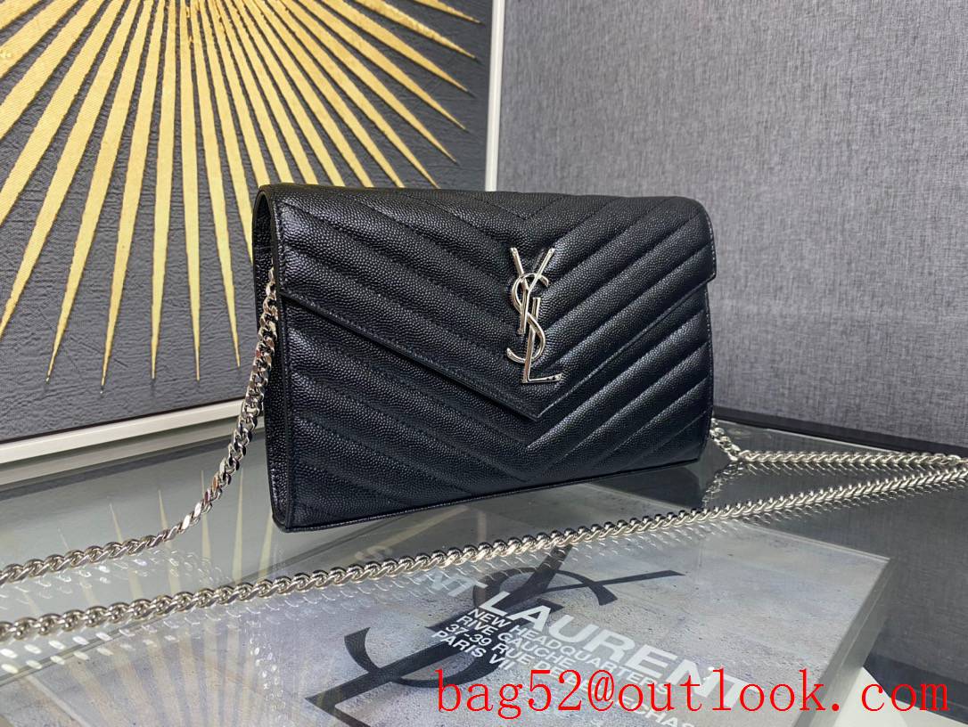 Saint Laurent YSL Monogram Grained Leather Chain Wallet Bag Black Silver Hardware 377828