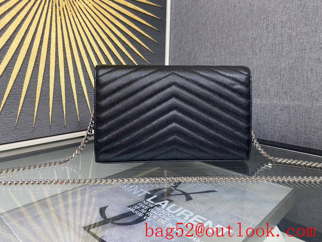 Saint Laurent YSL Monogram Grained Leather Chain Wallet Bag Black Silver Hardware 377828