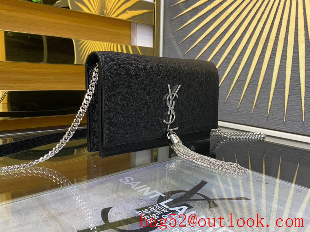 Saint Laurent YSL Kate Chain Wallet Bag in Grained Leather Black Silver 452159