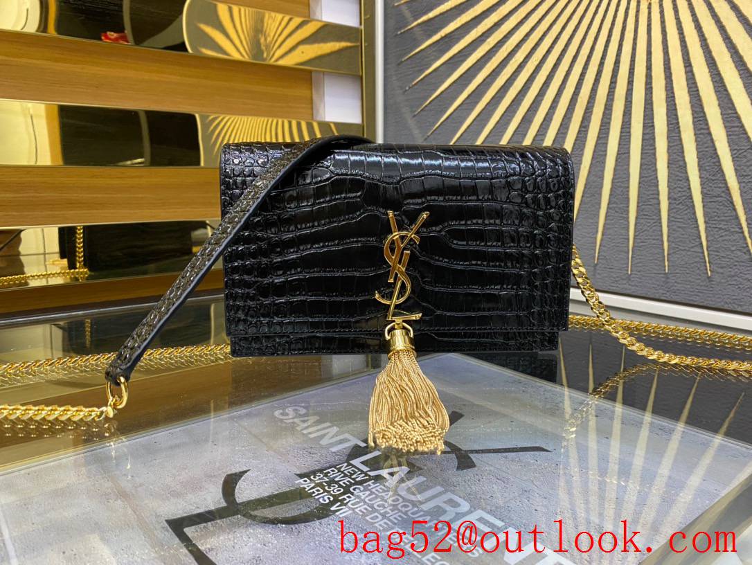 Saint Laurent YSL Kate Chain Wallet Bag with Tassel Black Crocodile Gold 452159