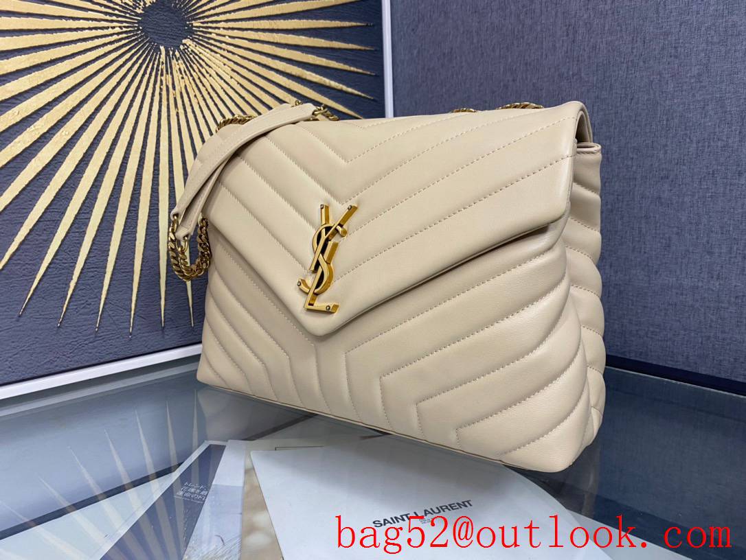 Saint Laurent YSL Calfskin Leather Large Loulou Shoulder Bag Handbag Beige 459749