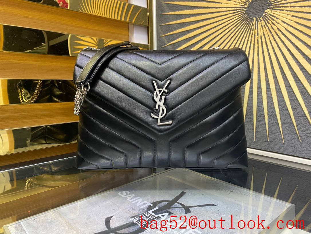 Saint Laurent YSL Calfskin Leather Large Loulou Shoulder Bag Black Silver 459749