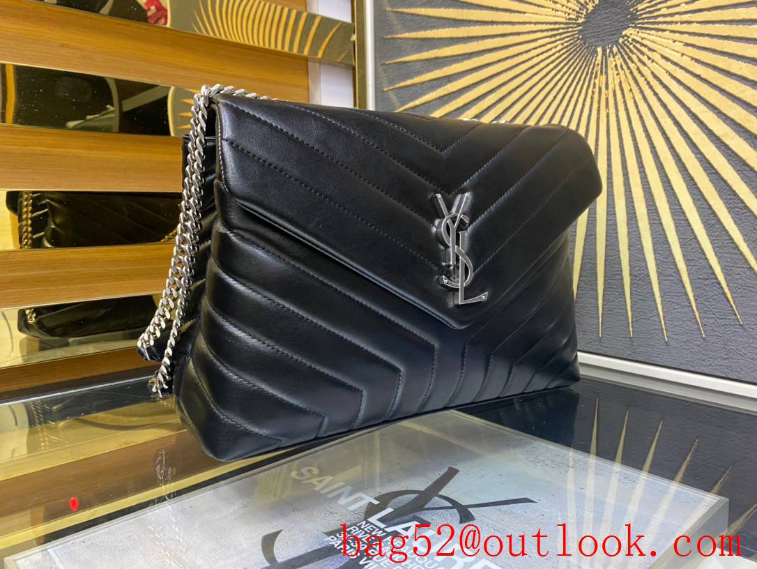 Saint Laurent YSL Calfskin Leather Large Loulou Shoulder Bag Black Silver 459749