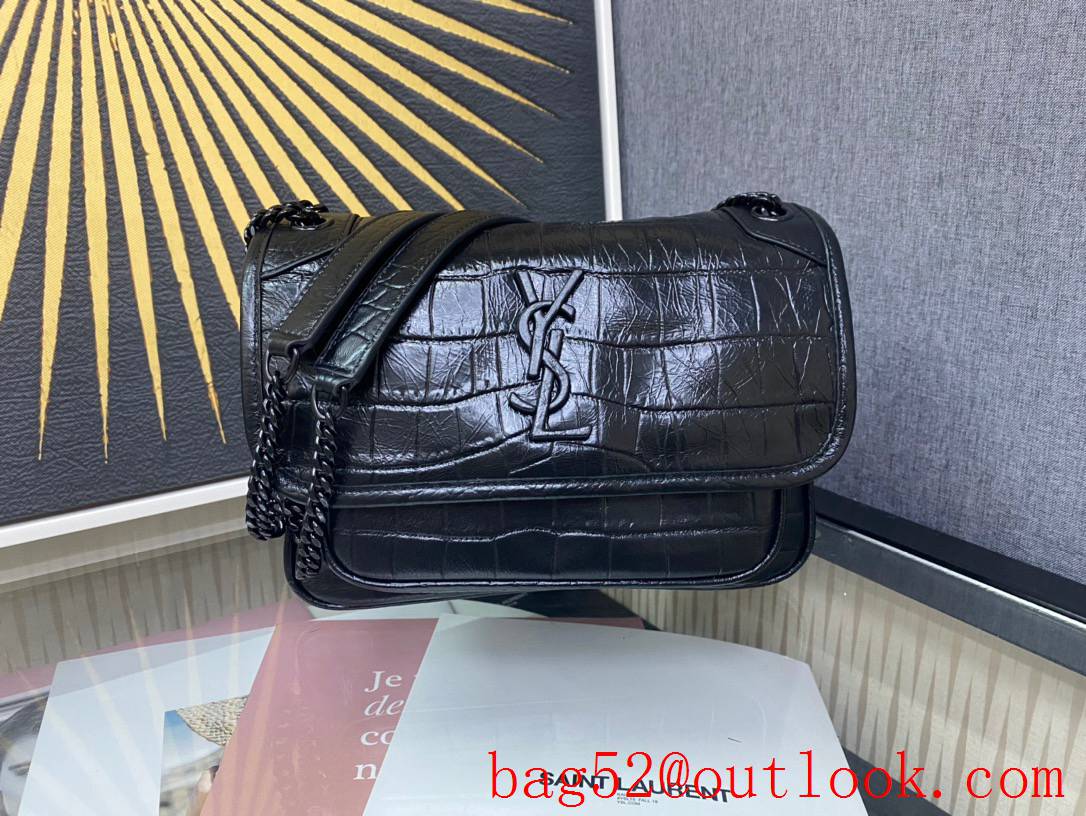 Saint Laurent YSL Calfskin Niki Baby Shoulder Bag Handbag Black Crocodile 533037