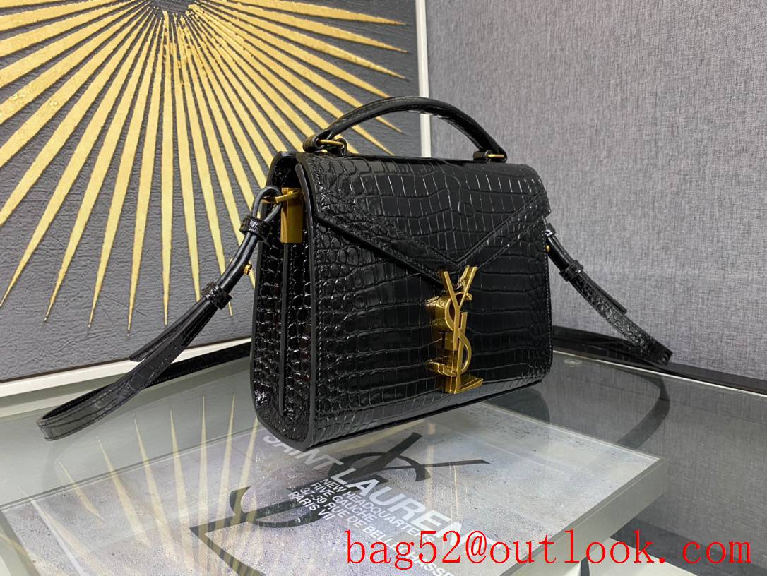 Saint Laurent YSL Calfskin Cassandra Mini Top Handle Bag Black Crocodile 602716