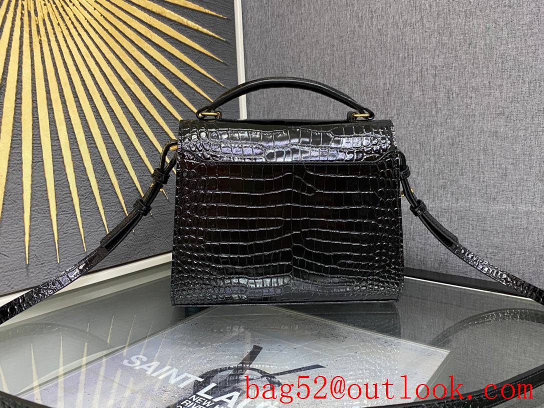 Saint Laurent YSL Calfskin Cassandra Mini Top Handle Bag Black Crocodile 602716