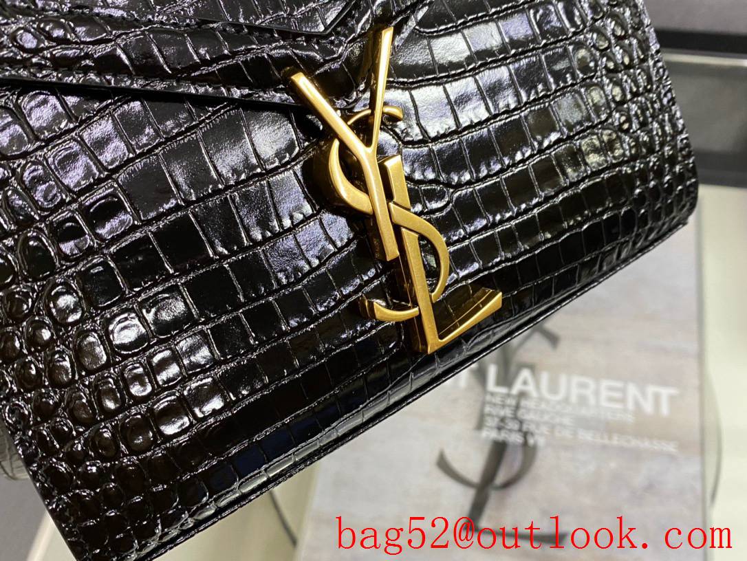 Saint Laurent YSL Calfskin Cassandra Mini Top Handle Bag Black Crocodile 602716