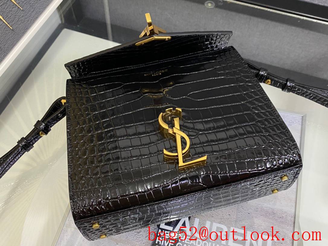 Saint Laurent YSL Calfskin Cassandra Mini Top Handle Bag Black Crocodile 602716