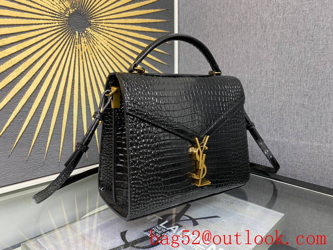 Saint Laurent YSL Calfskin Cassandra Medium Top Handle Bag Black Crocodile 578000