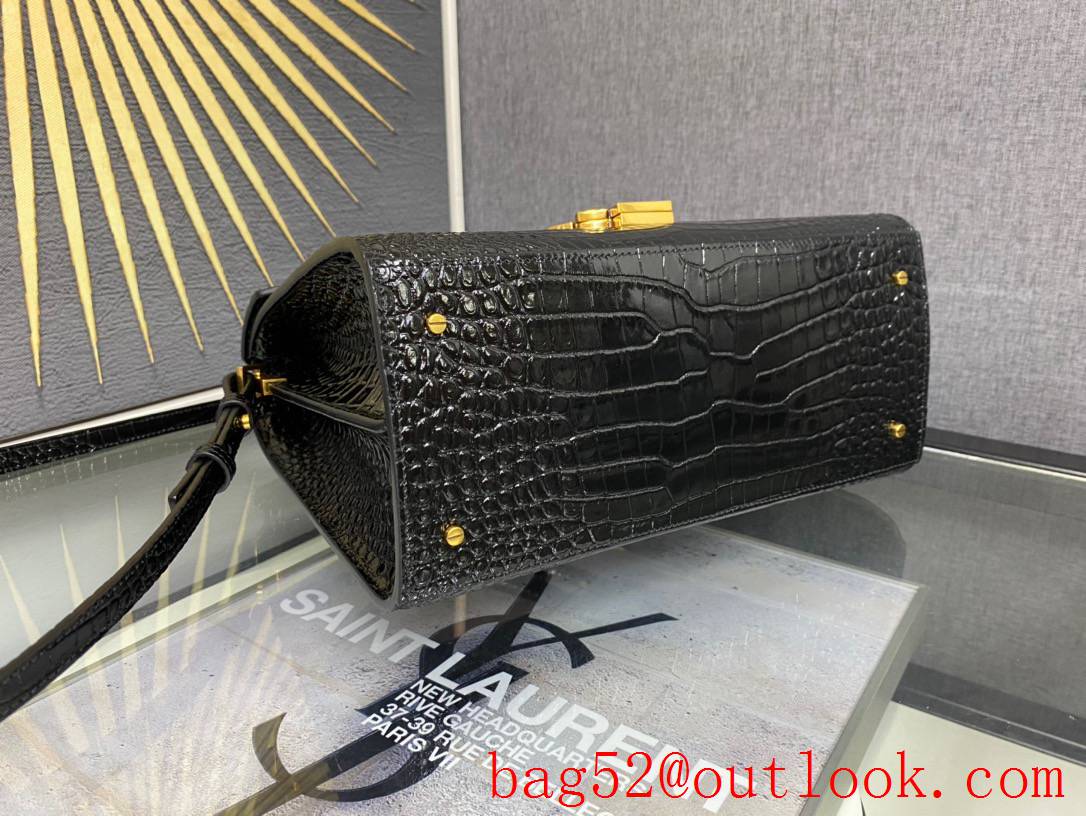 Saint Laurent YSL Calfskin Cassandra Medium Top Handle Bag Black Crocodile 578000