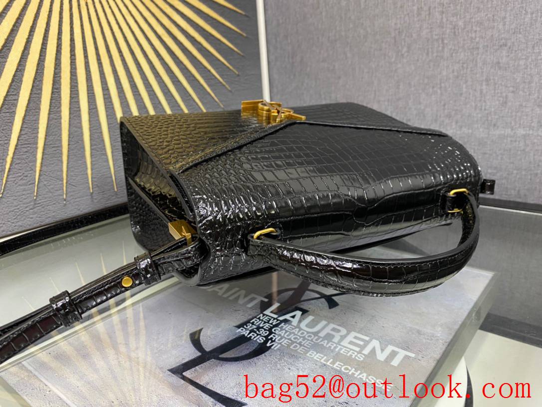 Saint Laurent YSL Calfskin Cassandra Medium Top Handle Bag Black Crocodile 578000