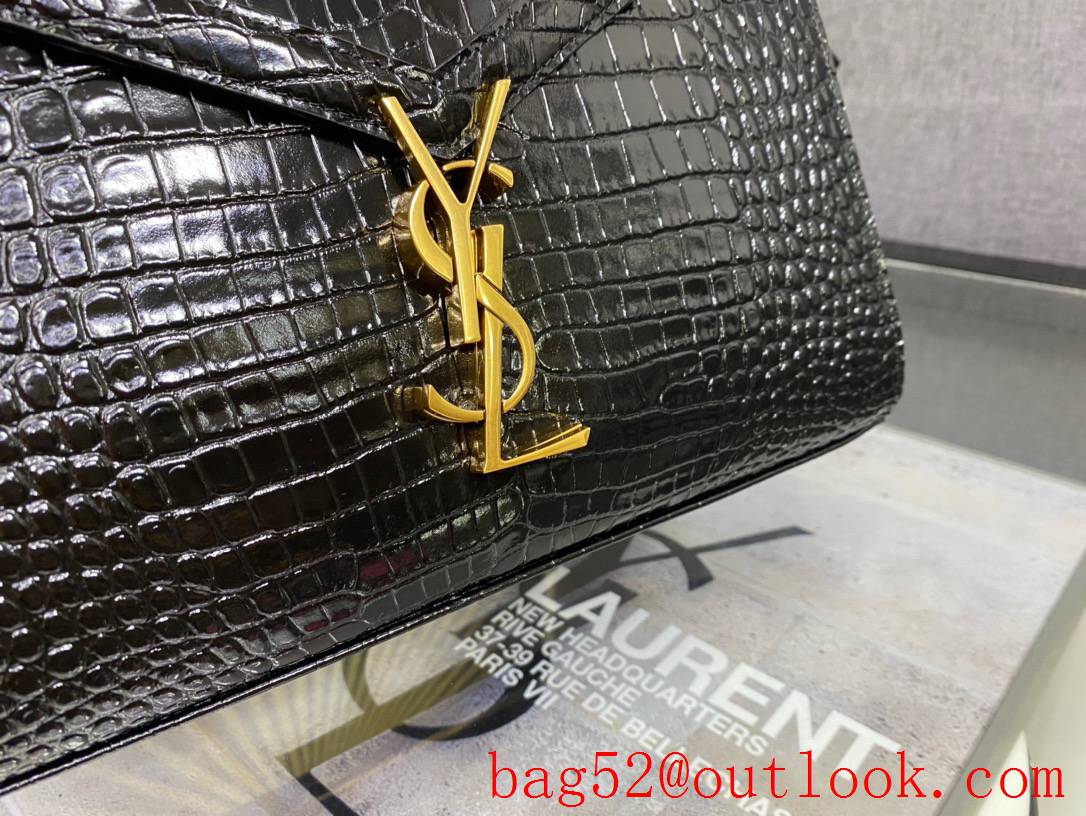 Saint Laurent YSL Calfskin Cassandra Medium Top Handle Bag Black Crocodile 578000