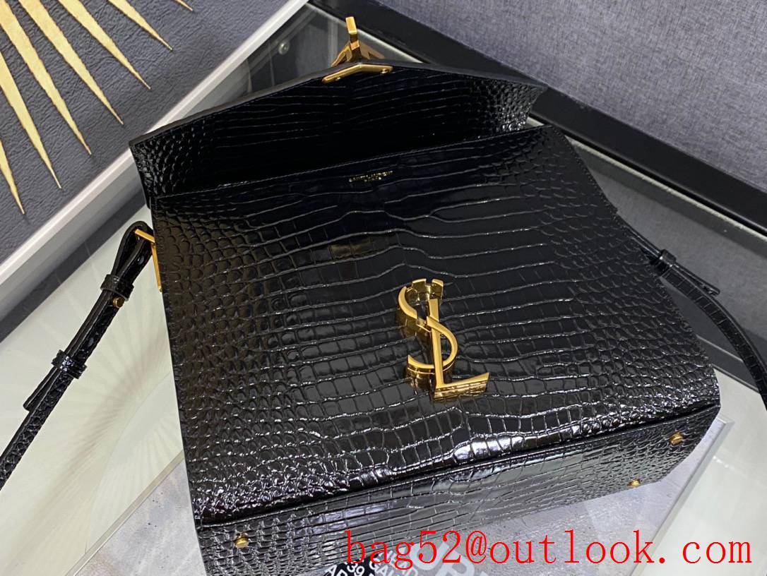 Saint Laurent YSL Calfskin Cassandra Medium Top Handle Bag Black Crocodile 578000