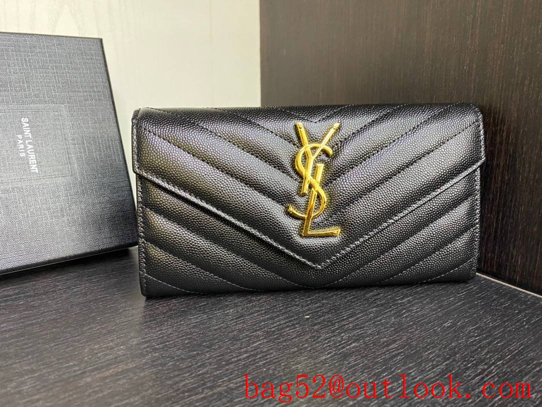 Saint Laurent YSL Monogram Grained Leather Wallet Purse Pouch Black Gold 423295