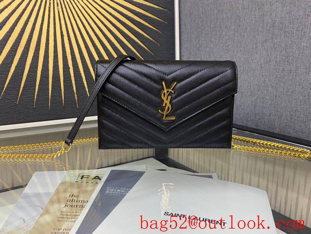 Saint Laurent YSL Calf Leather Envelop Chain Wallet Bag Black Gold 393953