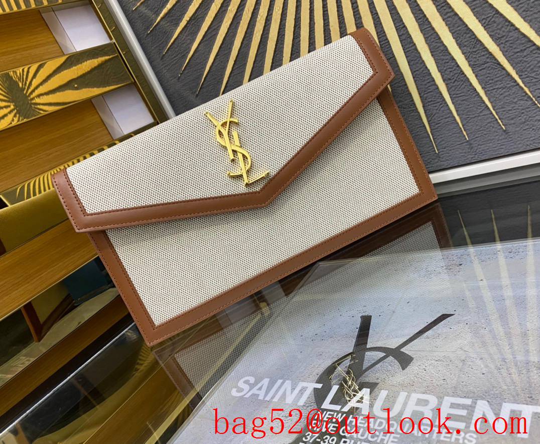 Saint Laurent YSL Uptown Pouch Clutch Bag in Canvas and Leather Beige 565739