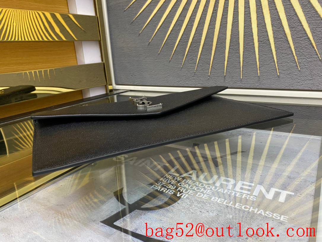 Saint Laurent YSL Uptown Pouch Clutch Bag in Grained Leather Black Silver 565739