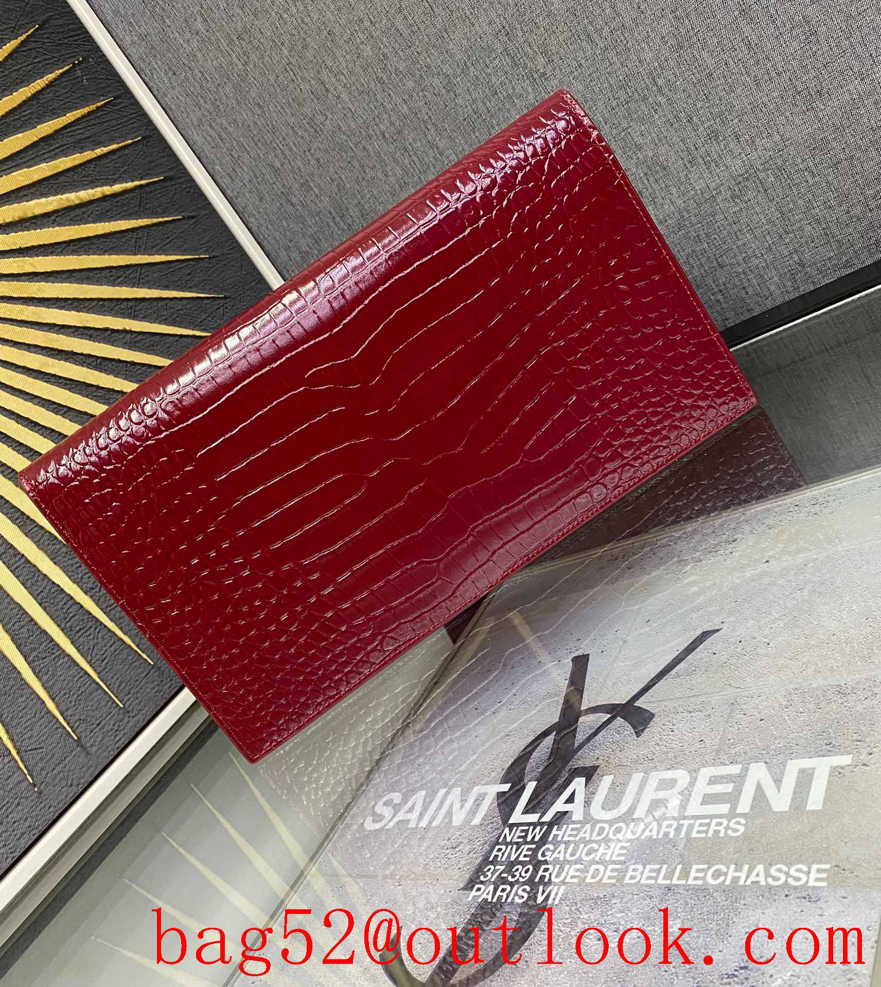 Saint Laurent YSL Uptown Pouch Clutch Bag in Crocodile Embossed Leather Wine 565739