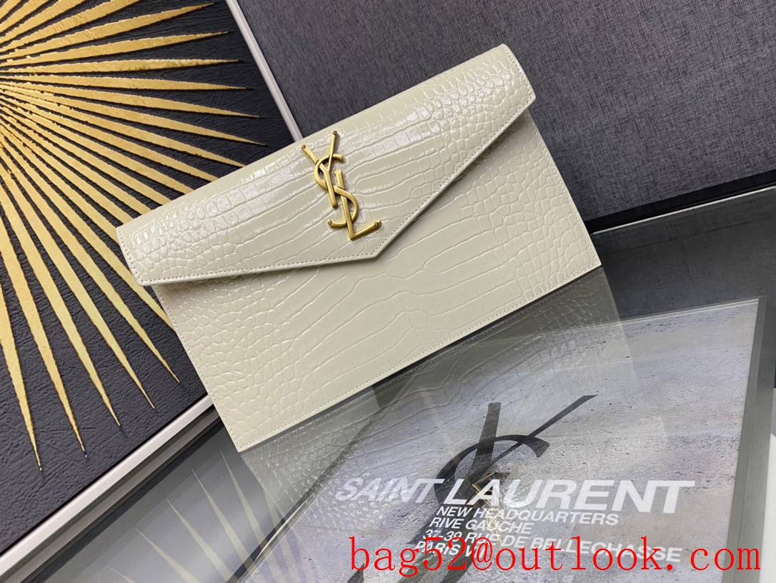 Saint Laurent YSL Uptown Pouch Clutch Bag in Crocodile Embossed Leather Cream 565739
