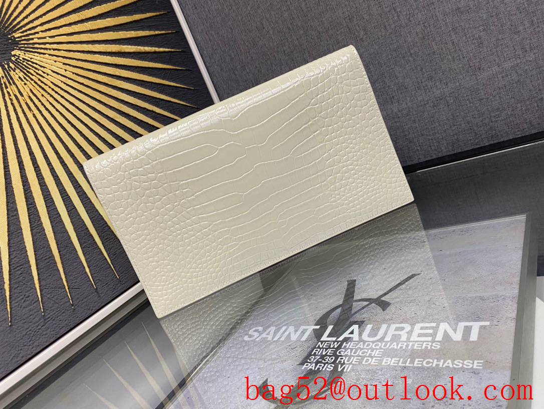 Saint Laurent YSL Uptown Pouch Clutch Bag in Crocodile Embossed Leather Cream 565739