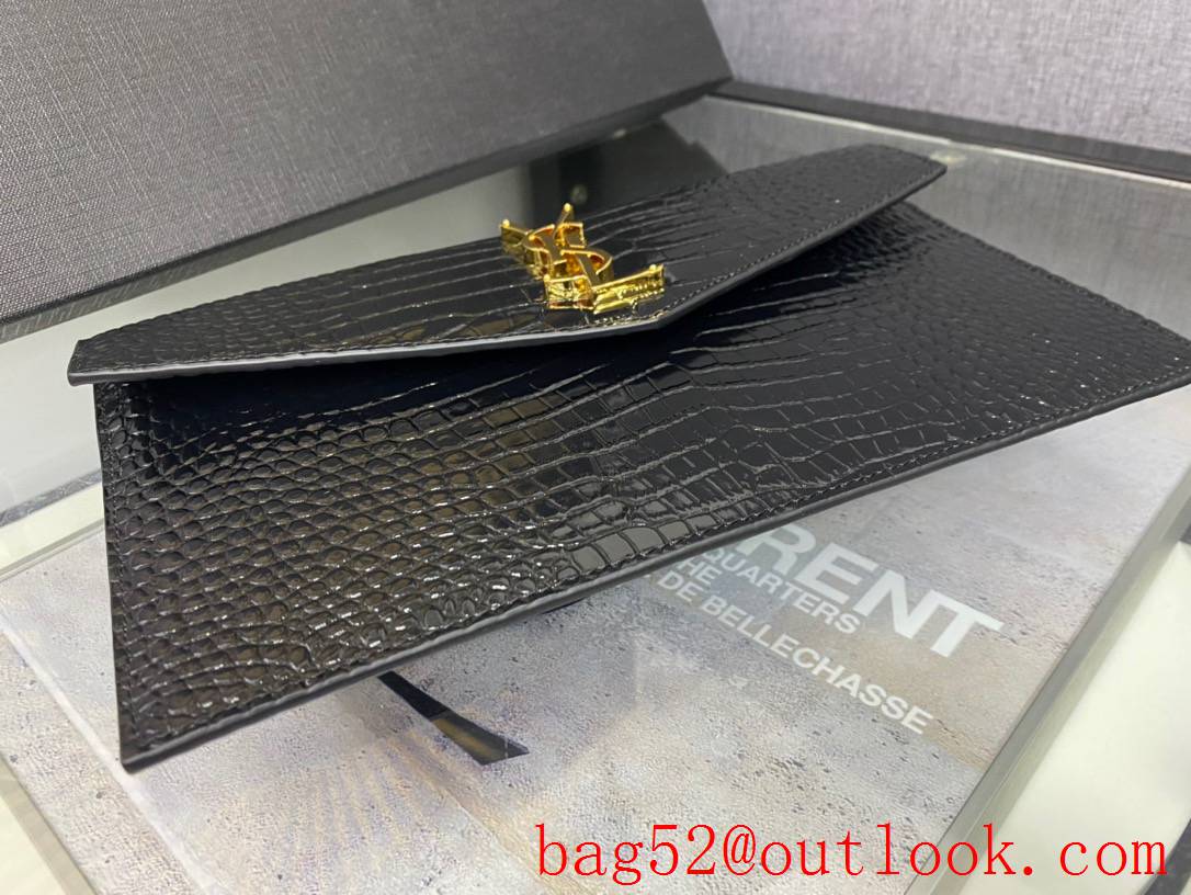 Saint Laurent YSL Uptown Pouch Clutch Bag in Crocodile Embossed Leather Gold 565739