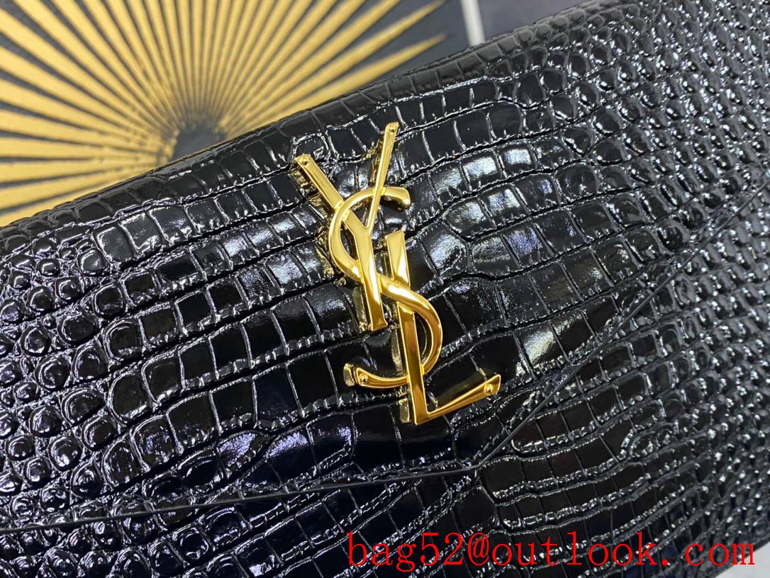 Saint Laurent YSL Uptown Pouch Clutch Bag in Crocodile Embossed Leather Gold 565739