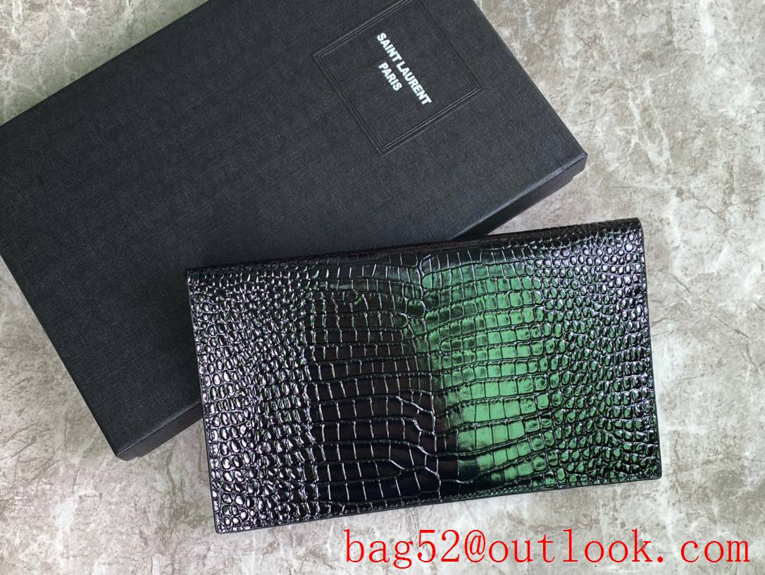 Saint Laurent YSL Uptown Pouch Clutch Bag in Crocodile Embossed Leather Silver 565739
