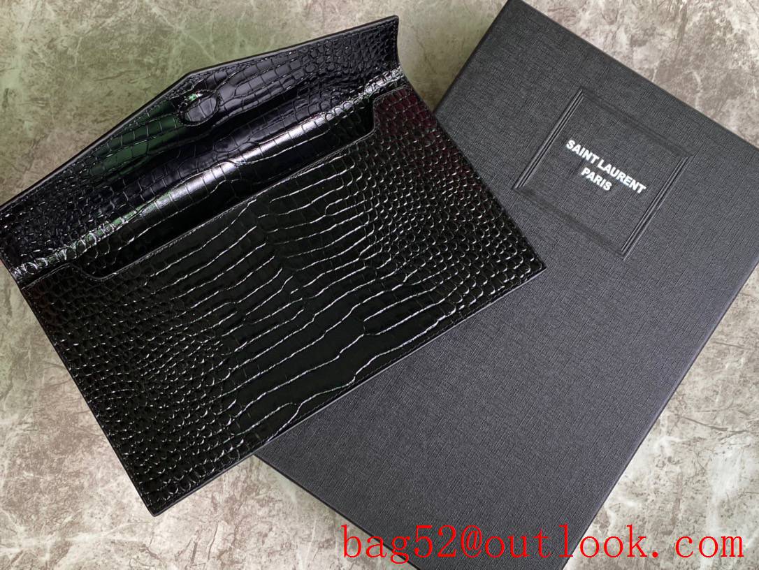 Saint Laurent YSL Uptown Pouch Clutch Bag in Crocodile Embossed Leather Silver 565739