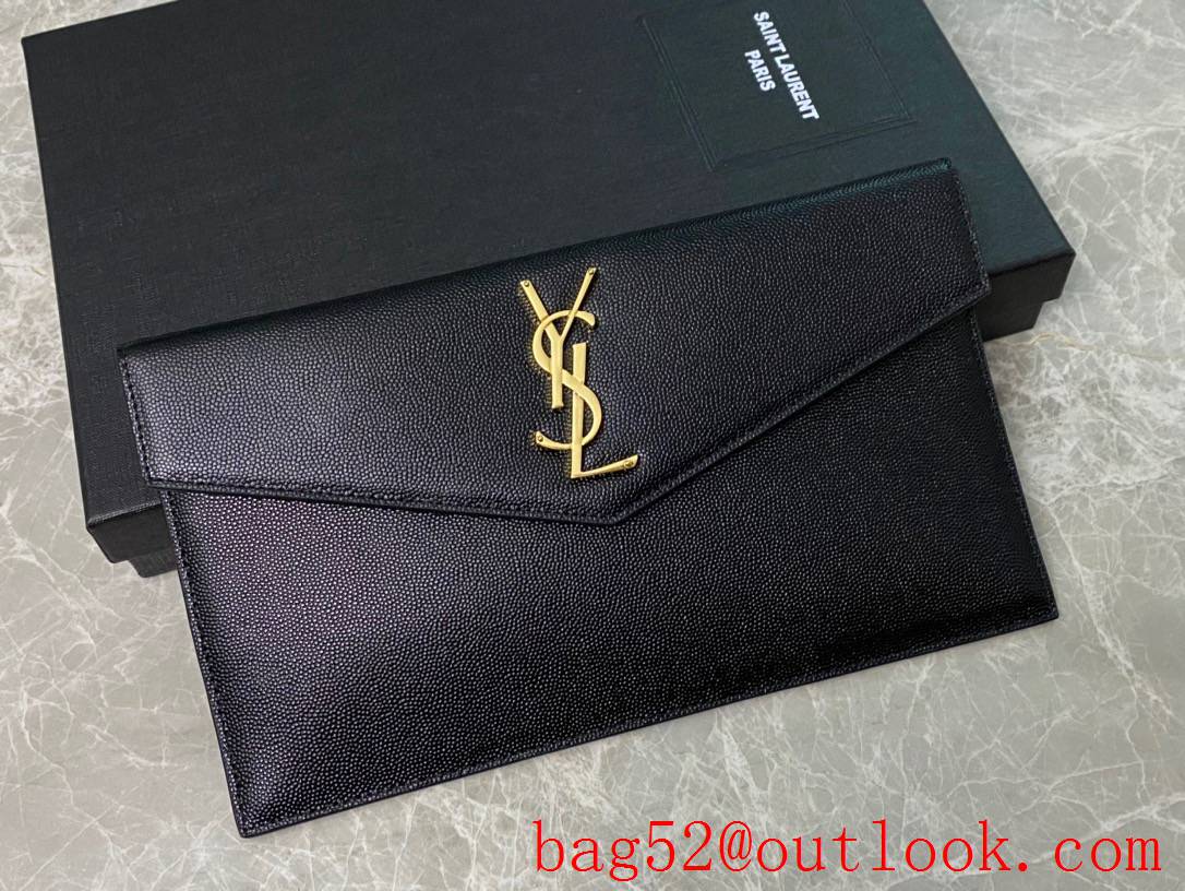 Saint Laurent YSL Uptown Pouch Clutch Bag in Grained Leather Black Gold 565739