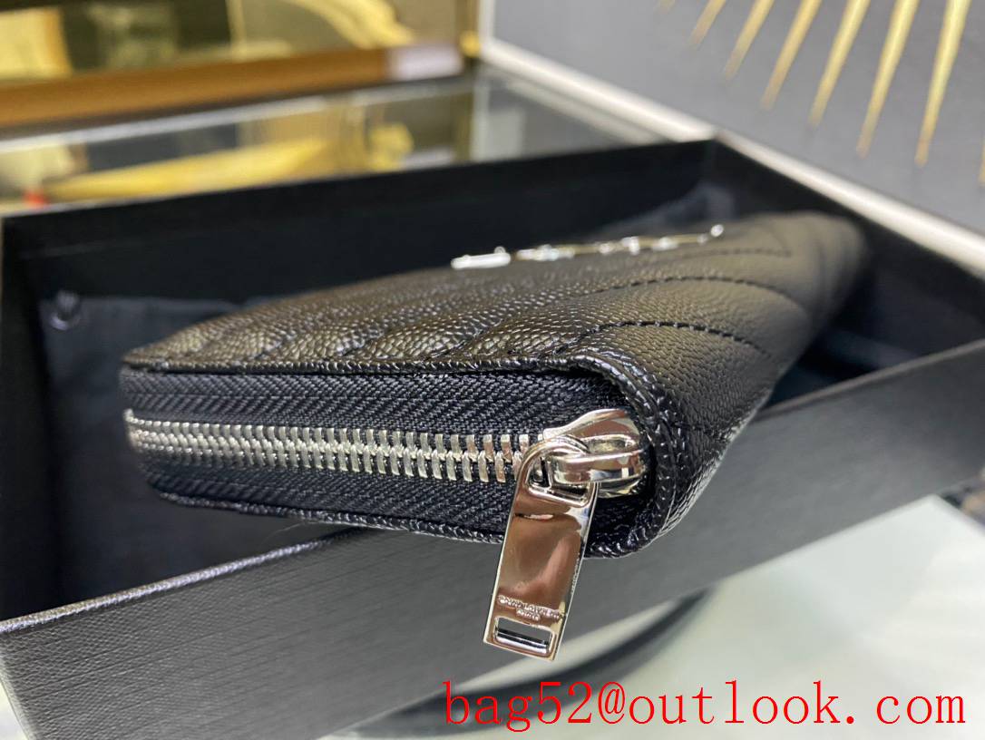 Saint Laurent YSL Calf Leather Zipper Wallet Purse Pouch Black Silver 403948