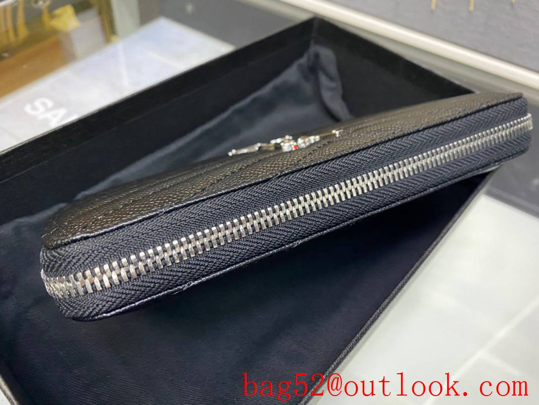 Saint Laurent YSL Calf Leather Zipper Wallet Purse Pouch Black Silver 403948