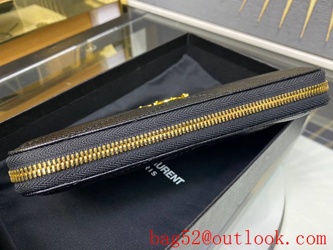 Saint Laurent YSL Calf Leather Zipper Wallet Purse Pouch Black Gold 403948