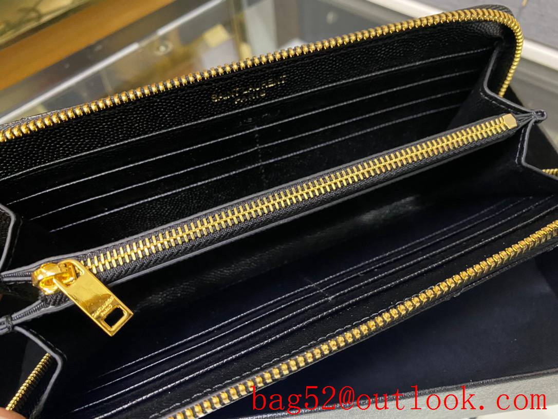 Saint Laurent YSL Calf Leather Zipper Wallet Purse Pouch Black Gold 403948
