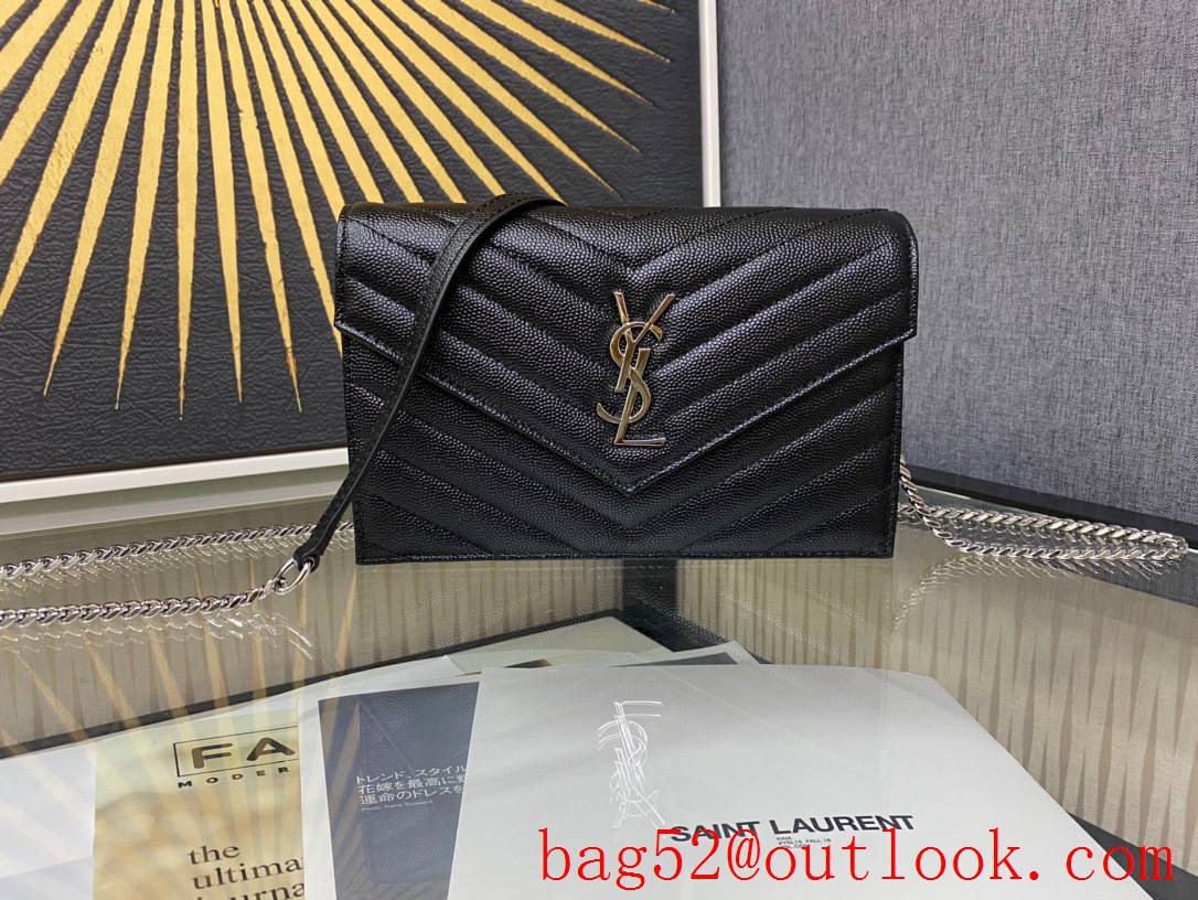 Saint Laurent YSL Calf Leather Envelop Chain Wallet Bag Black Silver 393953