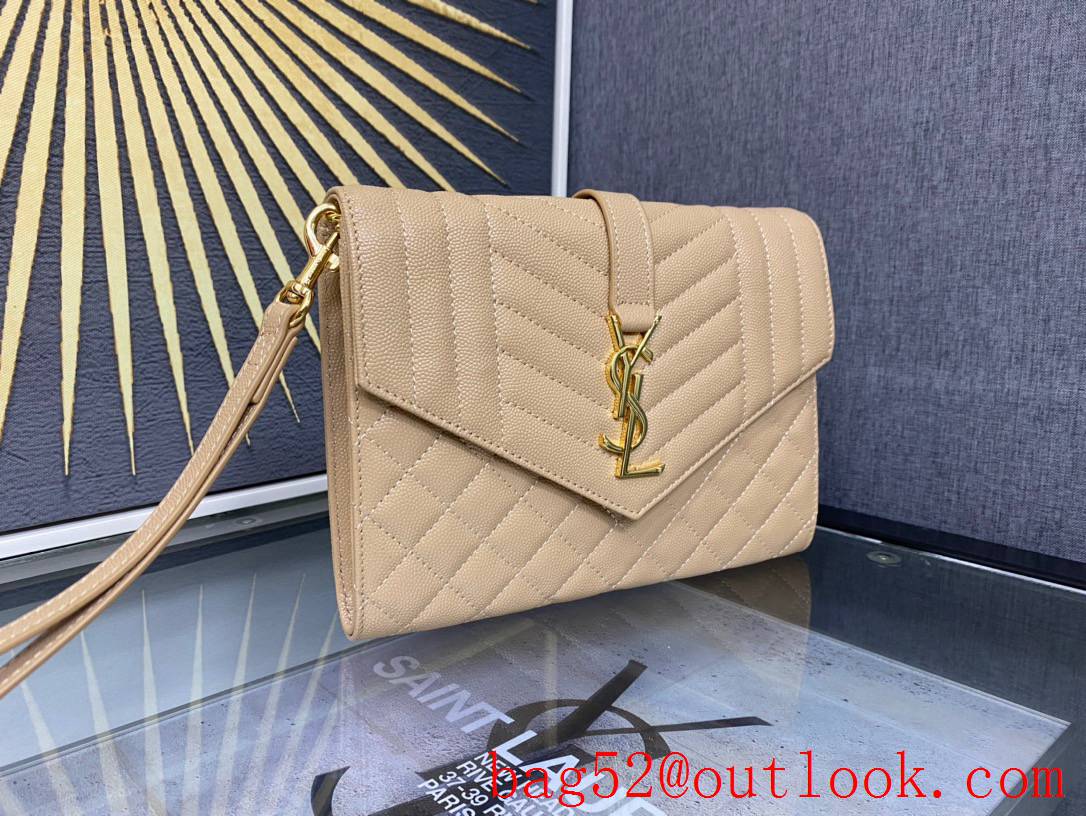 Saint Laurent YSL Monogram Clutch Purse Bag in Grained Leather Beige 651030