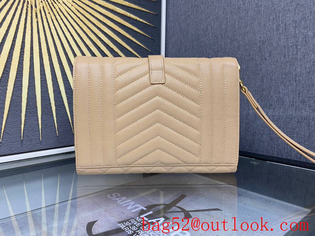 Saint Laurent YSL Monogram Clutch Purse Bag in Grained Leather Beige 651030