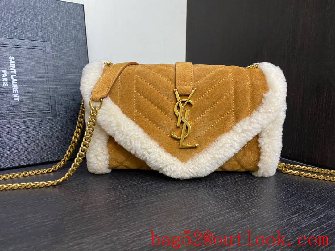 Saint Laurent YSL Suede Leather Envelop Shoulder Bag with Lamb Wool Tan 526286