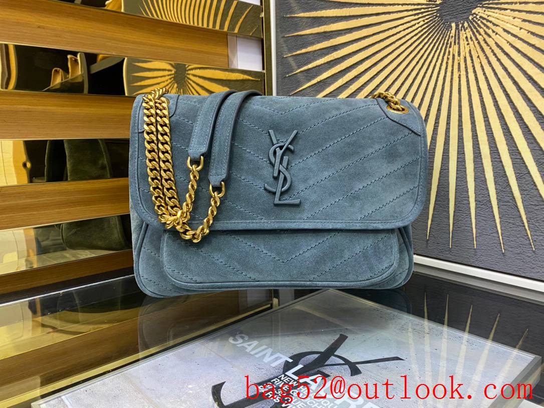 Saint Laurent YSL Niki Medium Shoulder Bag Handbag in Suede Leather Blue 498894