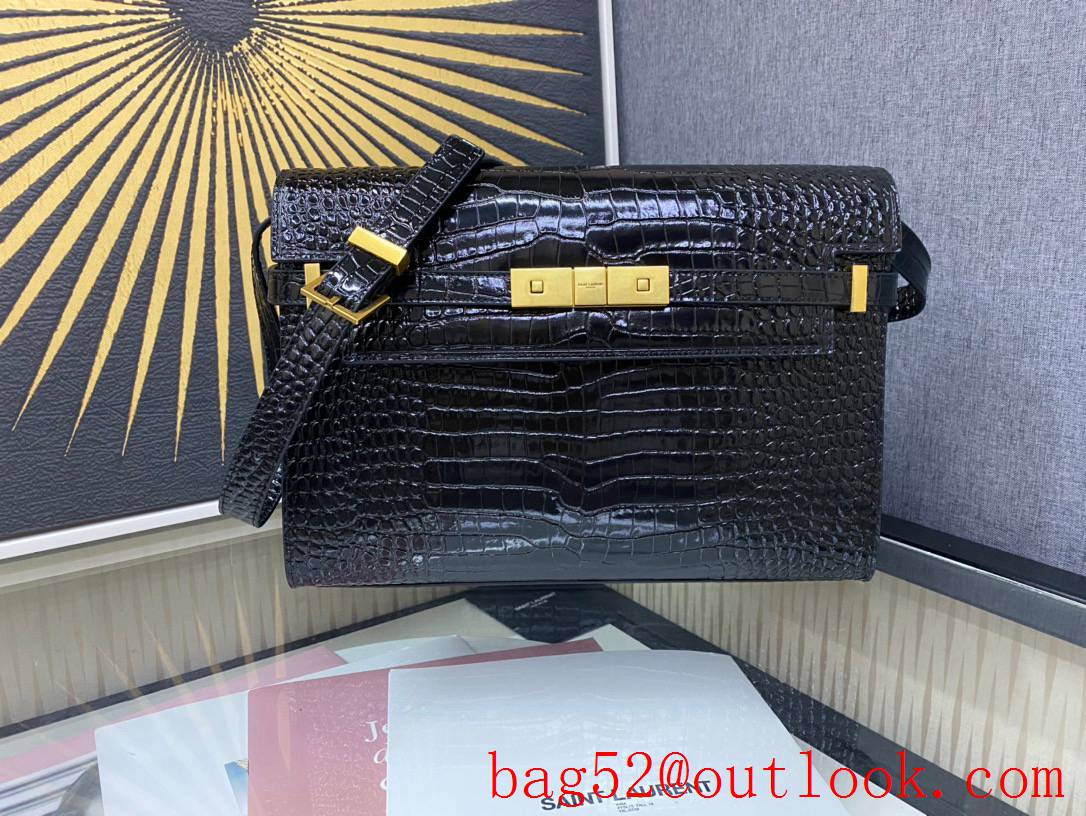 Saint Laurent YSL Manhattan Shoulder Bag in Calfskin Crocodile Black Gold 579271