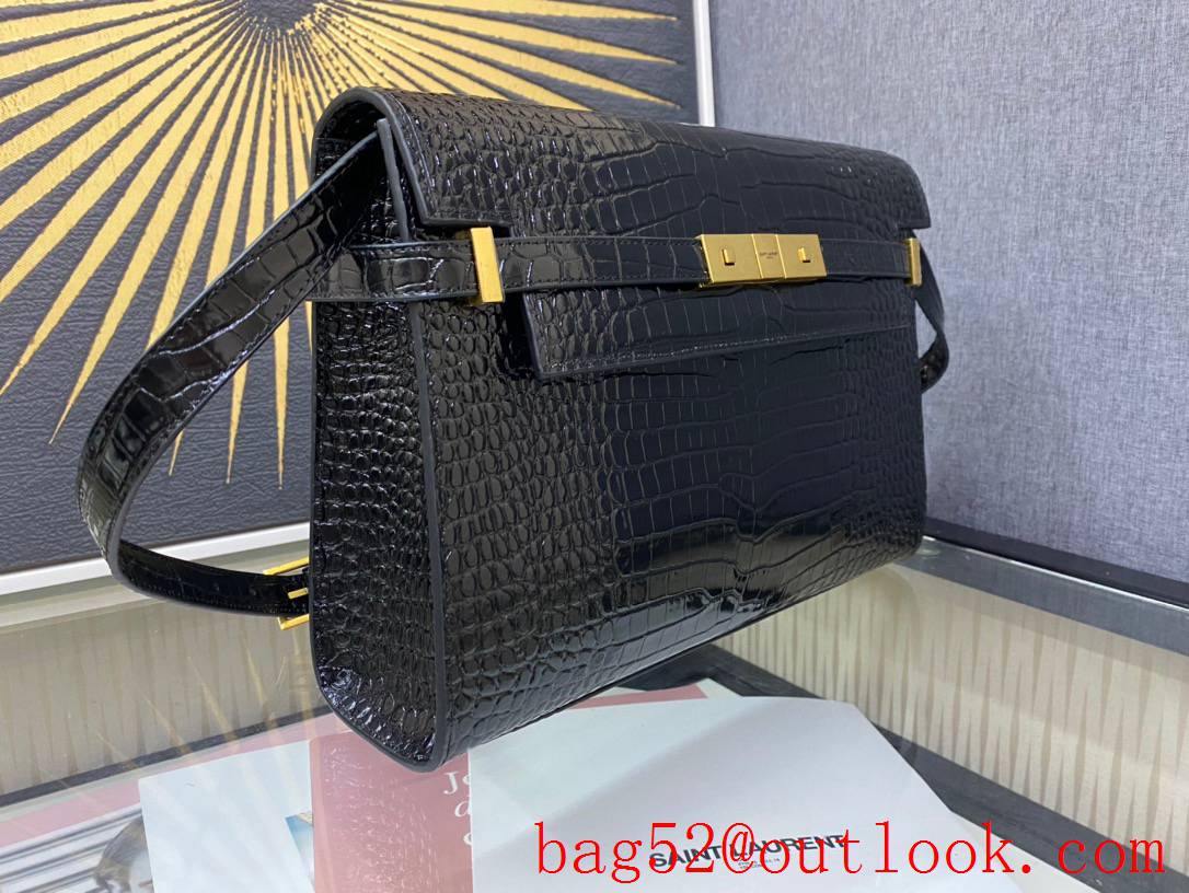 Saint Laurent YSL Manhattan Shoulder Bag in Calfskin Crocodile Black Gold 579271