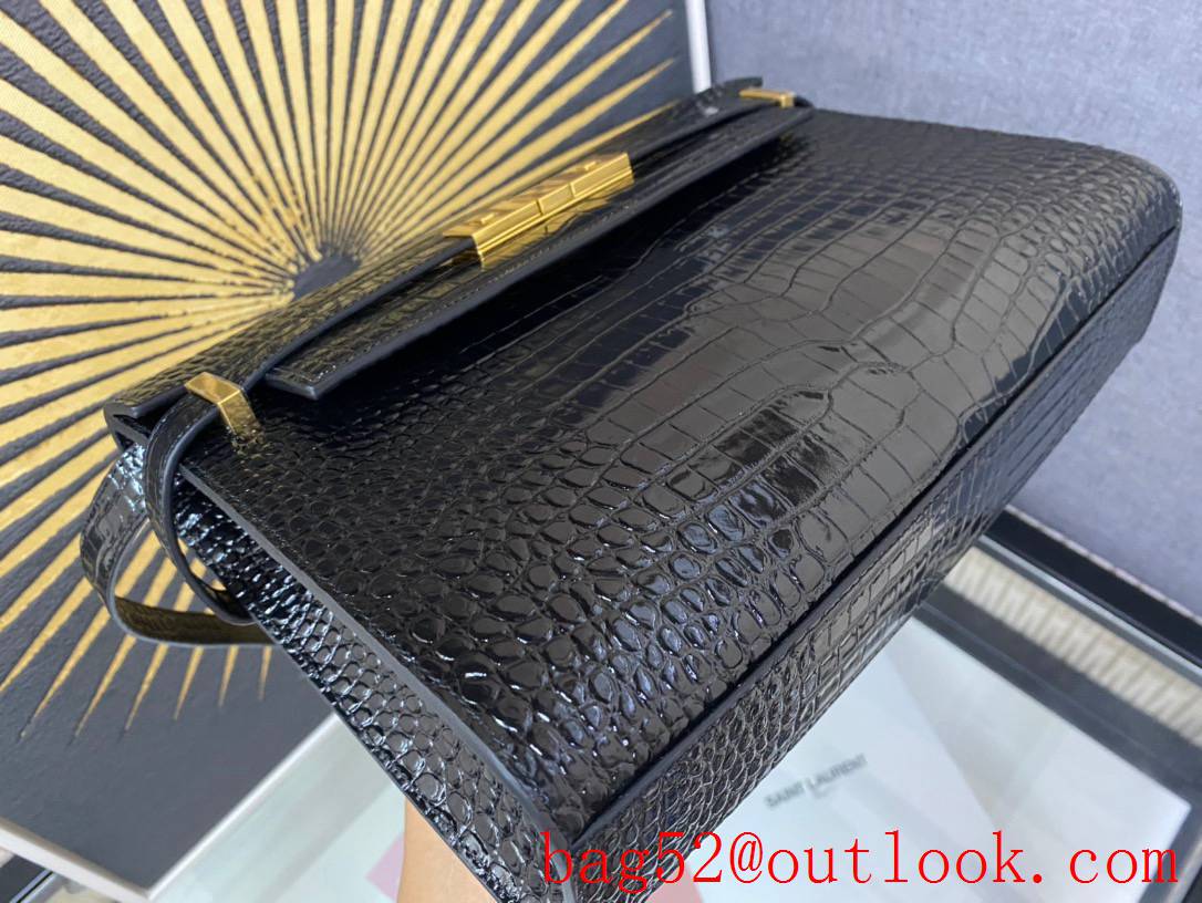 Saint Laurent YSL Manhattan Shoulder Bag in Calfskin Crocodile Black Gold 579271