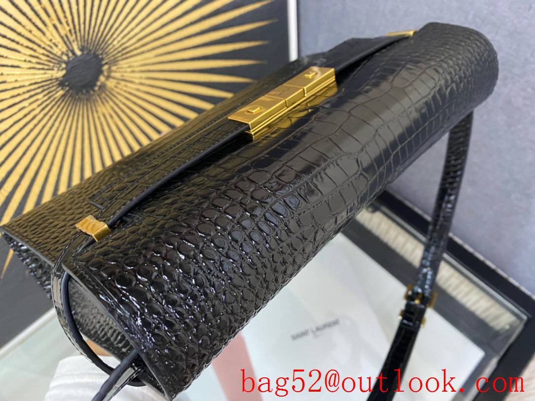 Saint Laurent YSL Manhattan Shoulder Bag in Calfskin Crocodile Black Gold 579271