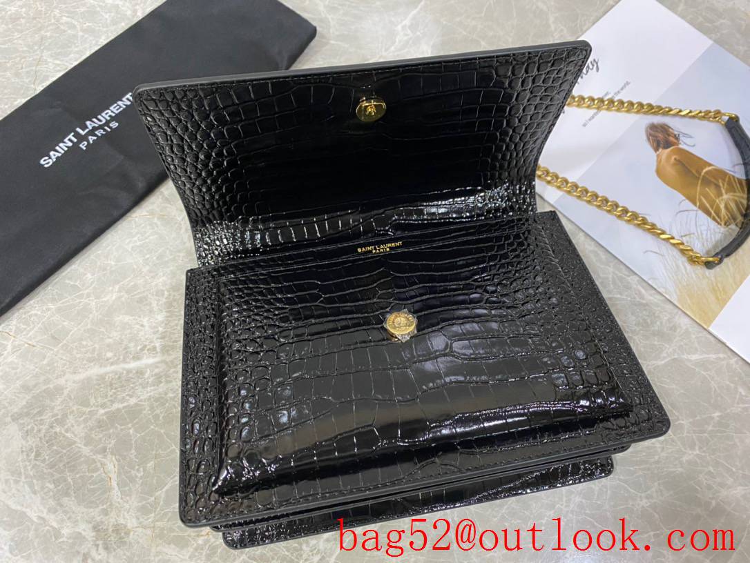 Saint Laurent YSL Calfskin Sunset Medium Shoulder Bag in Crocodile Black Gold 442906