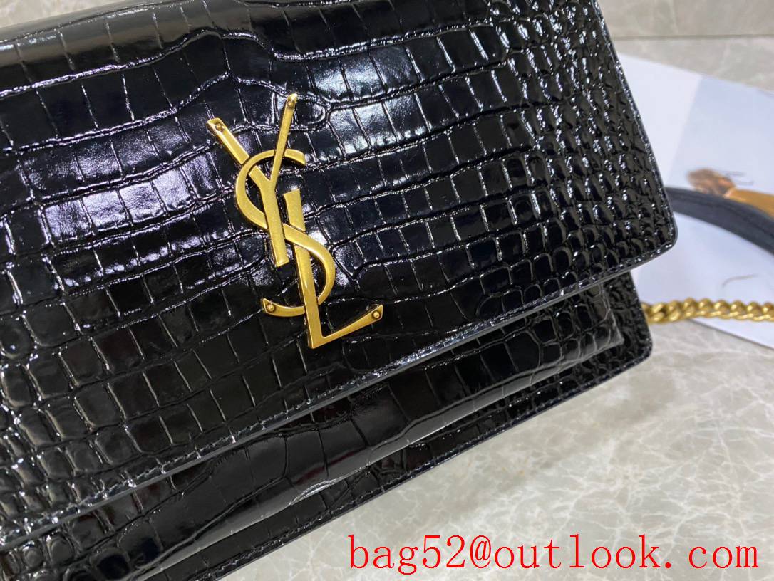 Saint Laurent YSL Calfskin Sunset Medium Shoulder Bag in Crocodile Black Gold 442906